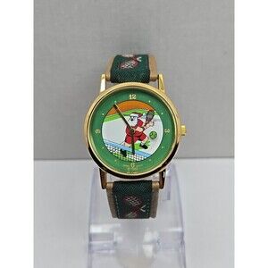 Vintage Santa Tennis Watch Japan Quartz New Battery Green Strap Unisex Gold Tone